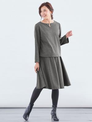 マタニティ ワンピース|【セット】キーネックトップス＆フレアスカートセットアップ　マタニティ・授乳服【出産後も長く使える】