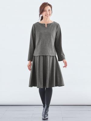 マタニティ ワンピース|【セット】キーネックトップス＆フレアスカートセットアップ　マタニティ・授乳服【出産後も長く使える】