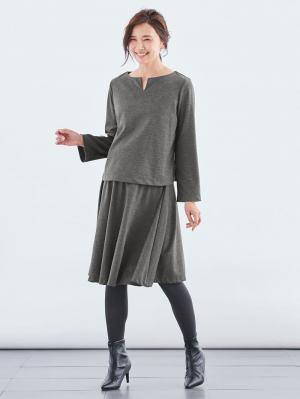 マタニティ ワンピース|【セット】キーネックトップス＆フレアスカートセットアップ　マタニティ・授乳服【出産後も長く使える】