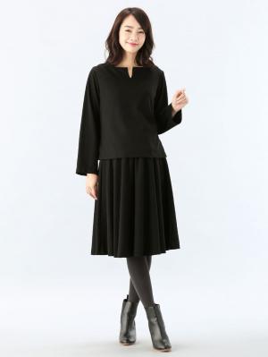 マタニティ ワンピース|【セット】キーネックトップス＆フレアスカートセットアップ　マタニティ・授乳服【出産後も長く使える】
