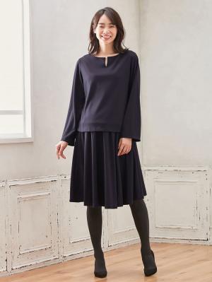 マタニティ ワンピース|【セット】キーネックトップス＆フレアスカートセットアップ　マタニティ・授乳服【出産後も長く使える】