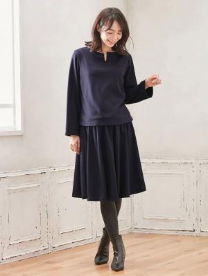 マタニティ ワンピース|【セット】キーネックトップス＆フレアスカートセットアップ　マタニティ・授乳服【出産後も長く使える】