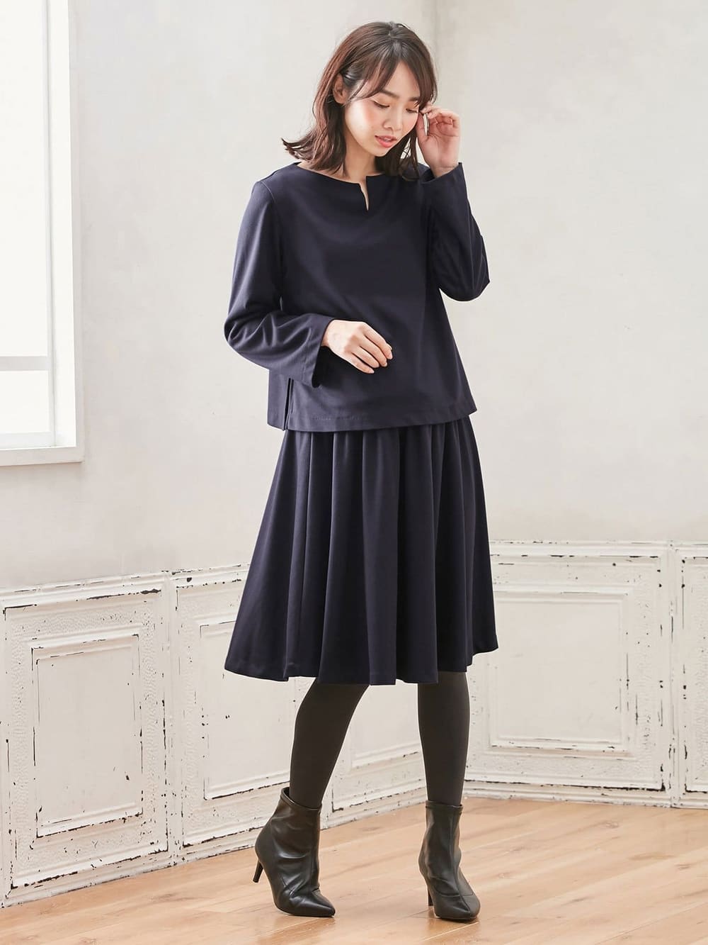 マタニティ ワンピース|【セット】キーネックトップス＆フレアスカートセットアップ　マタニティ・授乳服【出産後も長く使える】