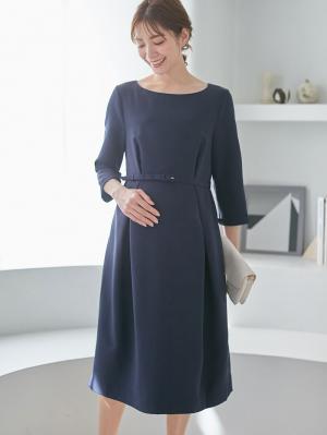 マタニティ ワンピース|タックベルテッドワンピース マタニティ・授乳服【出産後も長く使える】|ネイビー