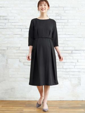 マタニティ ワンピース|タックベルテッドワンピース マタニティ・授乳服【出産後も長く使える】|ブラック