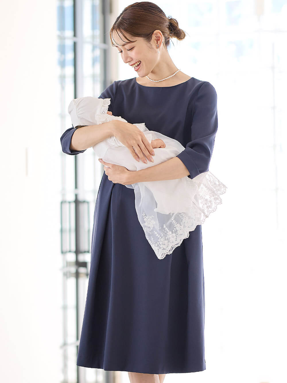 マタニティ ワンピース|タックベルテッドワンピース マタニティ・授乳服【出産後も長く使える】|ネイビー