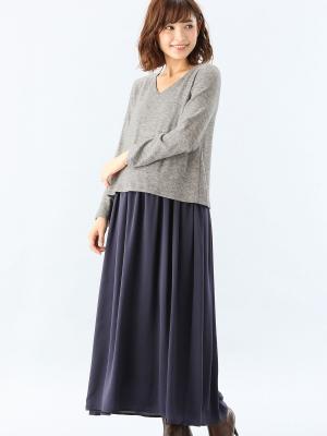 異素材コンビマキシワンピース　マタニティ・授乳服22952