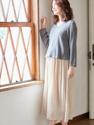 異素材コンビマキシワンピース　マタニティ・授乳服22952