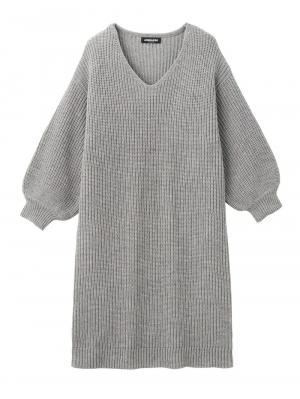 ボリュームスリーブ片畦編みＶネックニットワンピース 22988