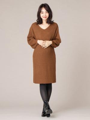 マタニティ ワンピース|【あったか～い。冬支度セール対象】ボリュームスリーブ片畦編みＶネックニットワンピース|キャメル