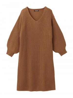 マタニティ ワンピース|ボリュームスリーブ片畦編みＶネックニットワンピース|キャメル