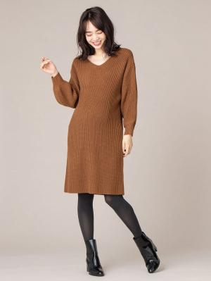 マタニティ ワンピース|【あったか～い。冬支度セール対象】ボリュームスリーブ片畦編みＶネックニットワンピース|キャメル