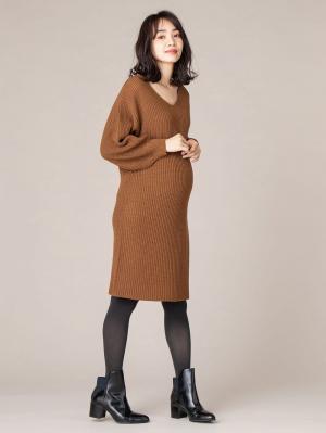 マタニティ ワンピース|【あったか～い。冬支度セール対象】ボリュームスリーブ片畦編みＶネックニットワンピース
