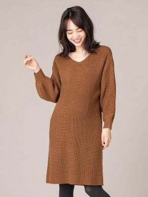 マタニティ ワンピース|ボリュームスリーブ片畦編みＶネックニットワンピース|キャメル