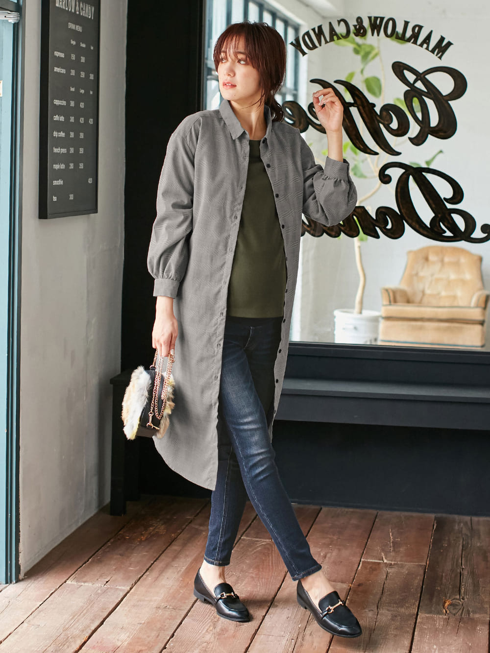 マタニティ ワンピース|グレンチェックストレッチシャツワンピース　マタニティ・授乳服【出産後も長く使える】