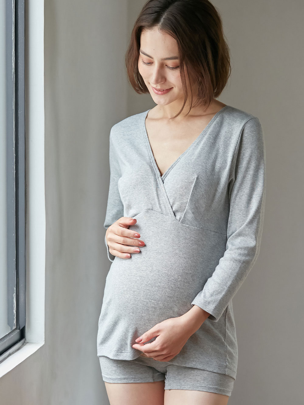 マタニティ 授乳 キャミソール|犬印本舗 授乳インナー（８分袖） オーガニックコットン素材【出産後も長く使える】|グレー