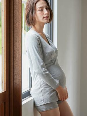 マタニティ 授乳 キャミソール|犬印本舗 授乳インナー（８分袖） オーガニックコットン素材【出産後も長く使える】|グレー