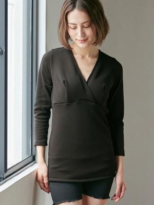 マタニティ 授乳 キャミソール|犬印本舗 毛布みたいにあたたかい カップ付き裏起毛授乳インナー(8分袖)【出産後も長く使える】|ブラック