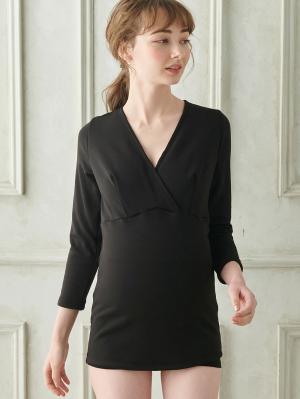 マタニティ 授乳 キャミソール|犬印本舗 毛布みたいにあたたかい カップ付き裏起毛授乳インナー(8分袖)【出産後も長く使える】|ブラック