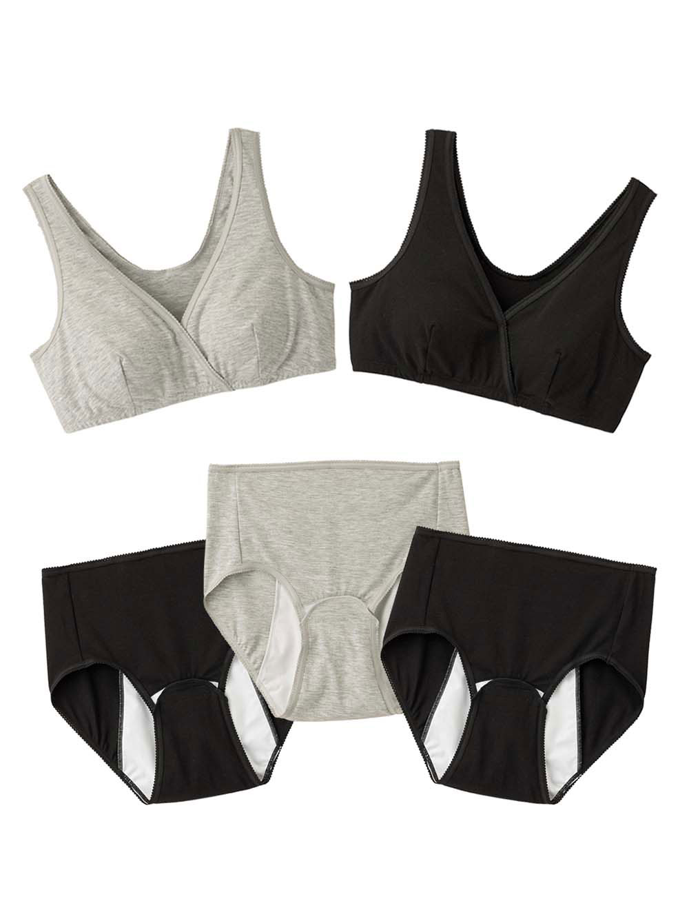 産褥ショーツ|出産準備5点セット(授乳ブラ2枚+産褥ショーツ3枚) 入院準備|ブラック・杢グレー