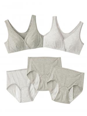 産褥ショーツ|出産準備5点セット(授乳ブラ2枚+産褥ショーツ3枚) 入院準備|杢グレー・杢グレーボーダー
