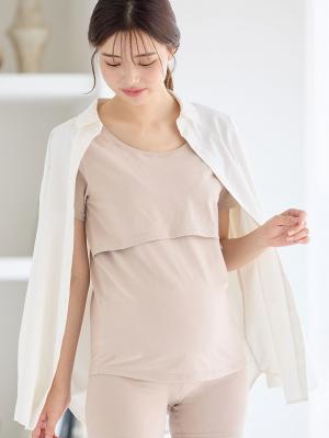 マタニティ 授乳 キャミソール|【リラクゼーションウェア】冷え対策　保温＆リカバリーサポート　momRest 　半袖Tシャツ　efe×ANGELIEBEコラボ　光電子　日本製|グレージュ