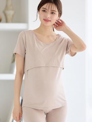 マタニティ 授乳 キャミソール|【リラクゼーションウェア】冷え対策　保温＆リカバリーサポート　momRest 　半袖Tシャツ　efe×ANGELIEBEコラボ　光電子　日本製|グレージュ