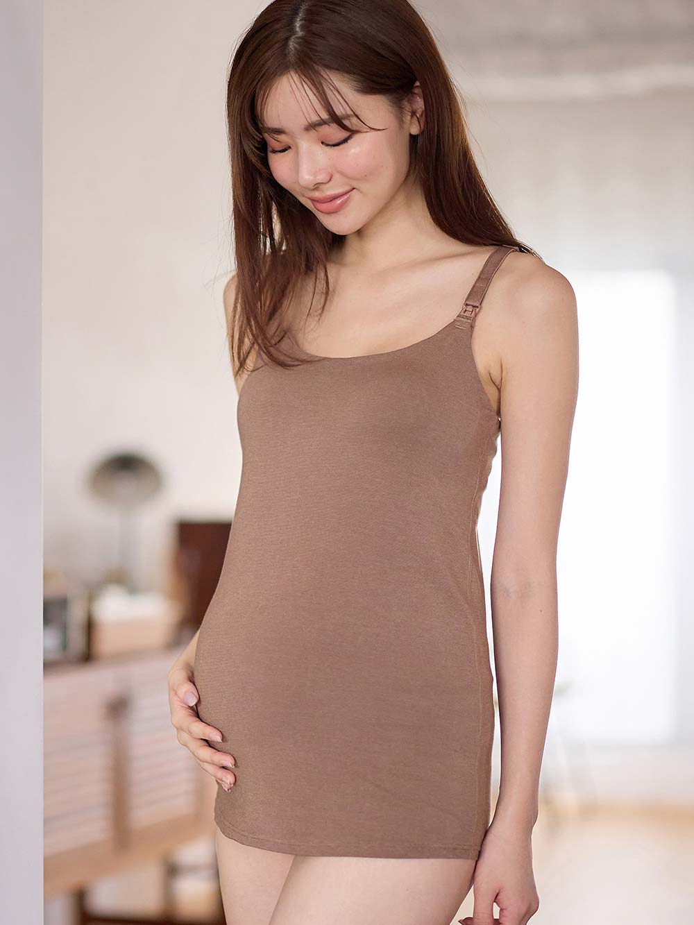 マタニティ 授乳 キャミソール|助産院監修　ママとつくったふんわり授乳ブラキャミ 【垂れ防止】フィットグミ入り【出産後も長く使える】|ブラウン（U型ネック）