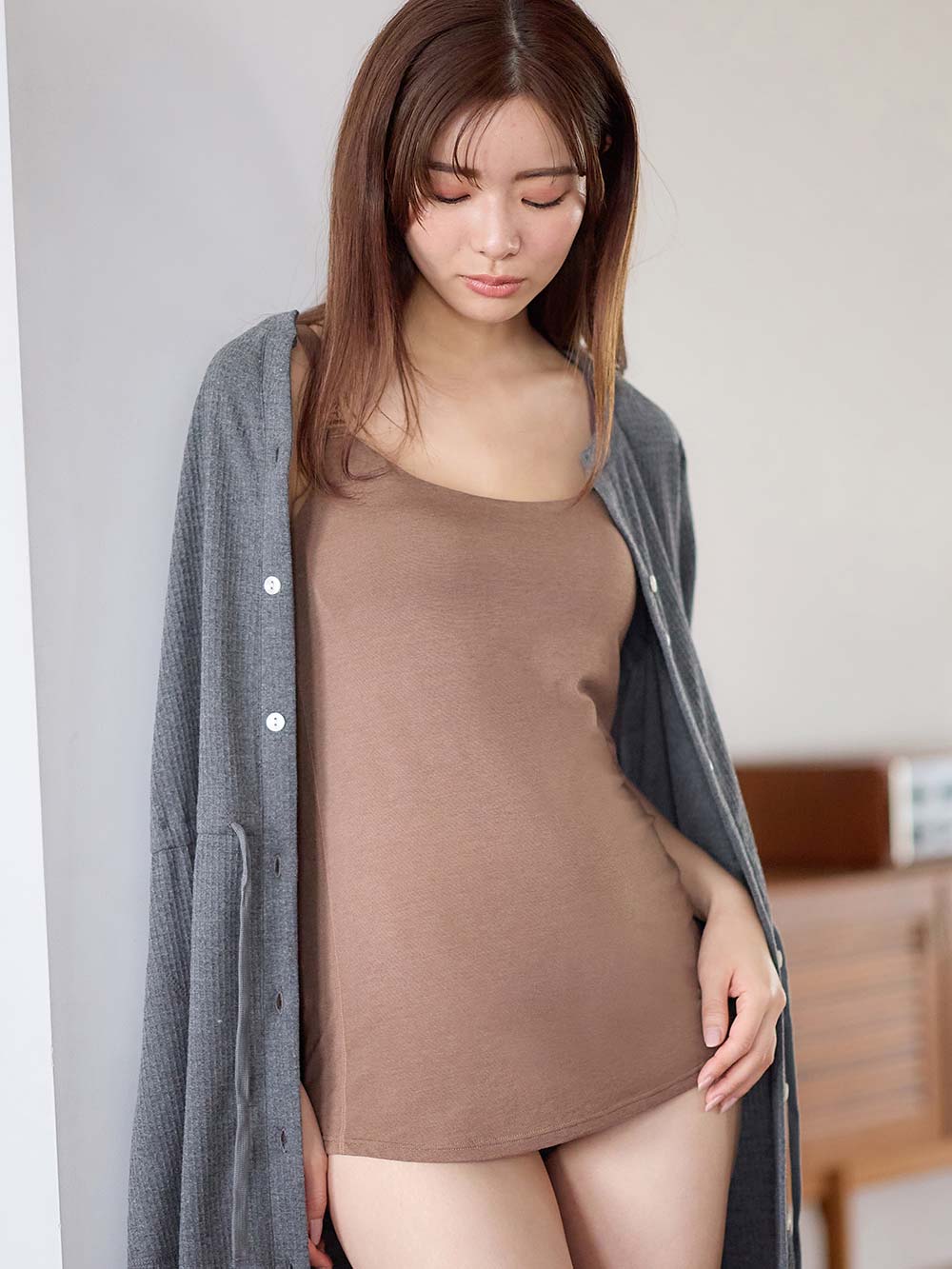 マタニティ 授乳 キャミソール|助産院監修　ママとつくったふんわり授乳ブラキャミ 【垂れ防止】フィットグミ入り【出産後も長く使える】|ブラウン（U型ネック）