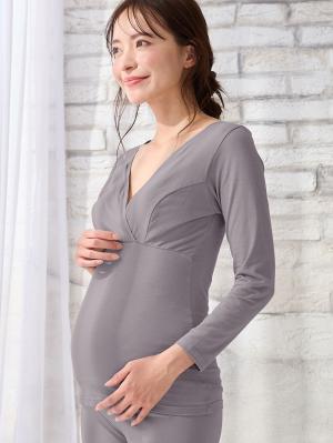 マタニティ 授乳 キャミソール|吸湿発熱 綿混防寒9分袖マタニティ・授乳インナー|グレー