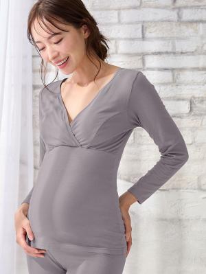 マタニティ 授乳 キャミソール|吸湿発熱 綿混防寒9分袖マタニティ・授乳インナー|グレー