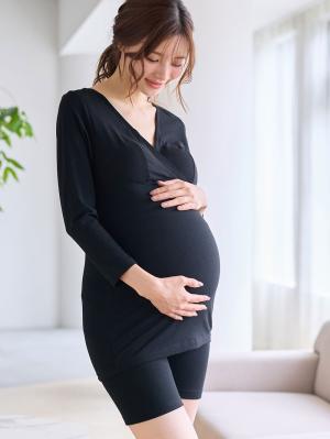 マタニティ 授乳 キャミソール|犬印本舗 　保湿加工　潤い8分袖カップ付きインナー|ブラック