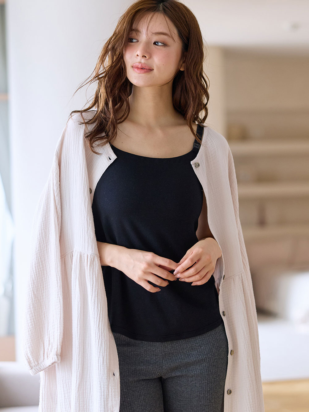 マタニティ 授乳 キャミソール|助産院監修　ボリュームダウン見え授乳ブラキャミ【出産後も長く使える】|ブラック