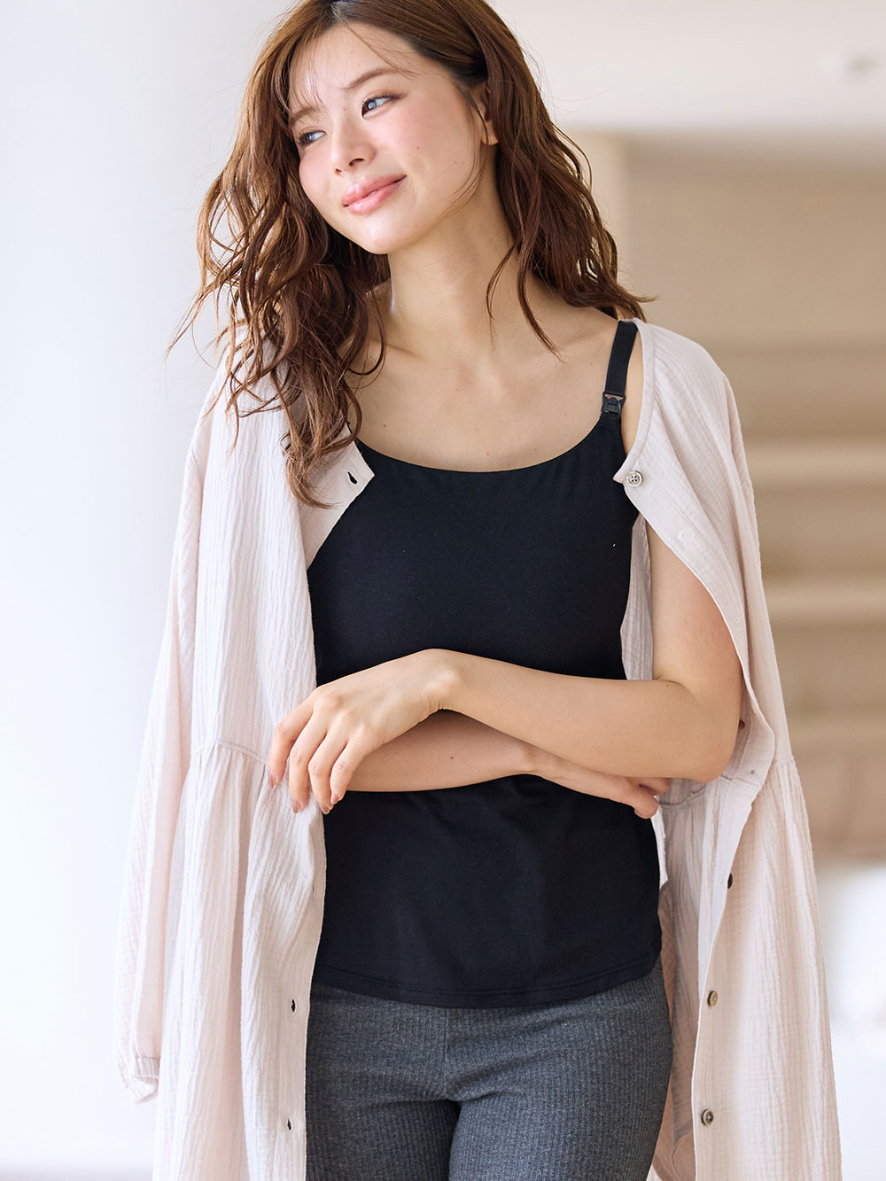 マタニティ 授乳 キャミソール|助産院監修　ボリュームダウン見え授乳ブラキャミ【出産後も長く使える】|ブラック