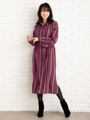 アウトレット|デシンストライプシャツワンピース マタニティ・授乳服【出産後も長く使える】|ワイン