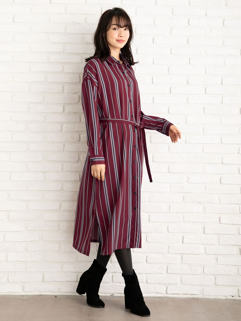 アウトレット|デシンストライプシャツワンピース マタニティ・授乳服【出産後も長く使える】|ワイン