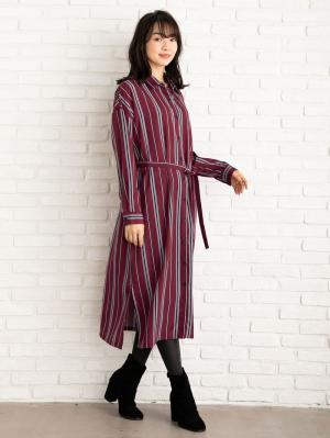 アウトレット|デシンストライプシャツワンピース マタニティ・授乳服【出産後も長く使える】|ワイン