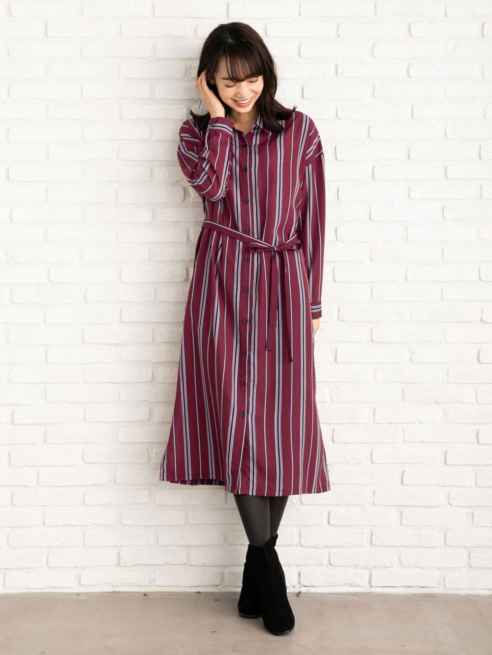 アウトレット|デシンストライプシャツワンピース マタニティ・授乳服【出産後も長く使える】|ワイン