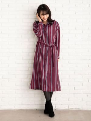 アウトレット|デシンストライプシャツワンピース マタニティ・授乳服【出産後も長く使える】|ワイン