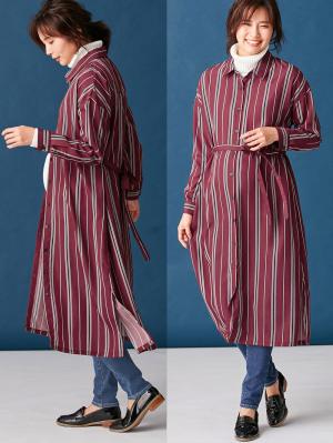 アウトレット|デシンストライプシャツワンピース マタニティ・授乳服【出産後も長く使える】|ワイン