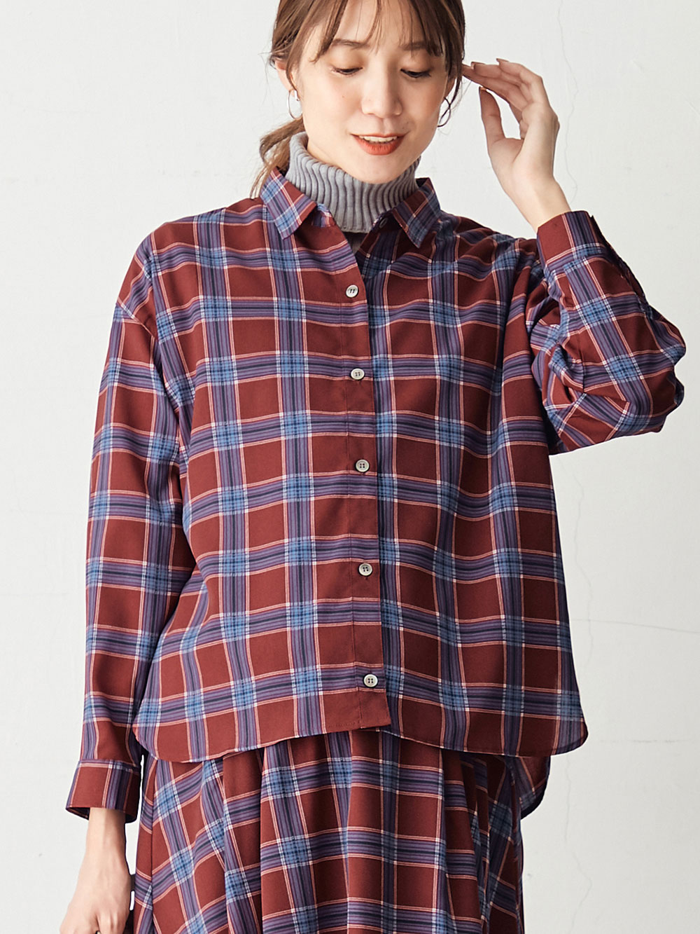 マタニティ トップス|チェックシャツ　マタニティ・授乳服|エンジ系