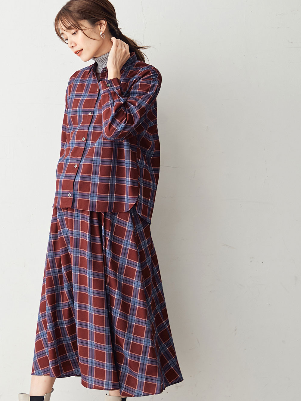 マタニティ トップス|チェックシャツ　マタニティ・授乳服|エンジ系