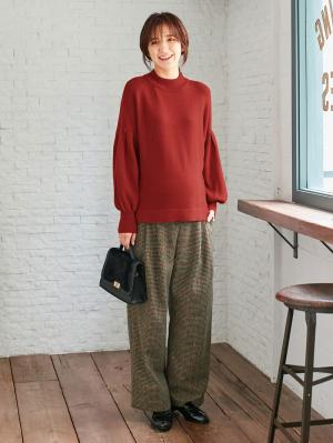 マタニティ パンツ|【産前産後】チェックワイドパンツ【出産後も長く使える】|ベージュ