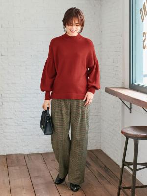 マタニティ パンツ|【産前産後】チェックワイドパンツ【出産後も長く使える】|ベージュ