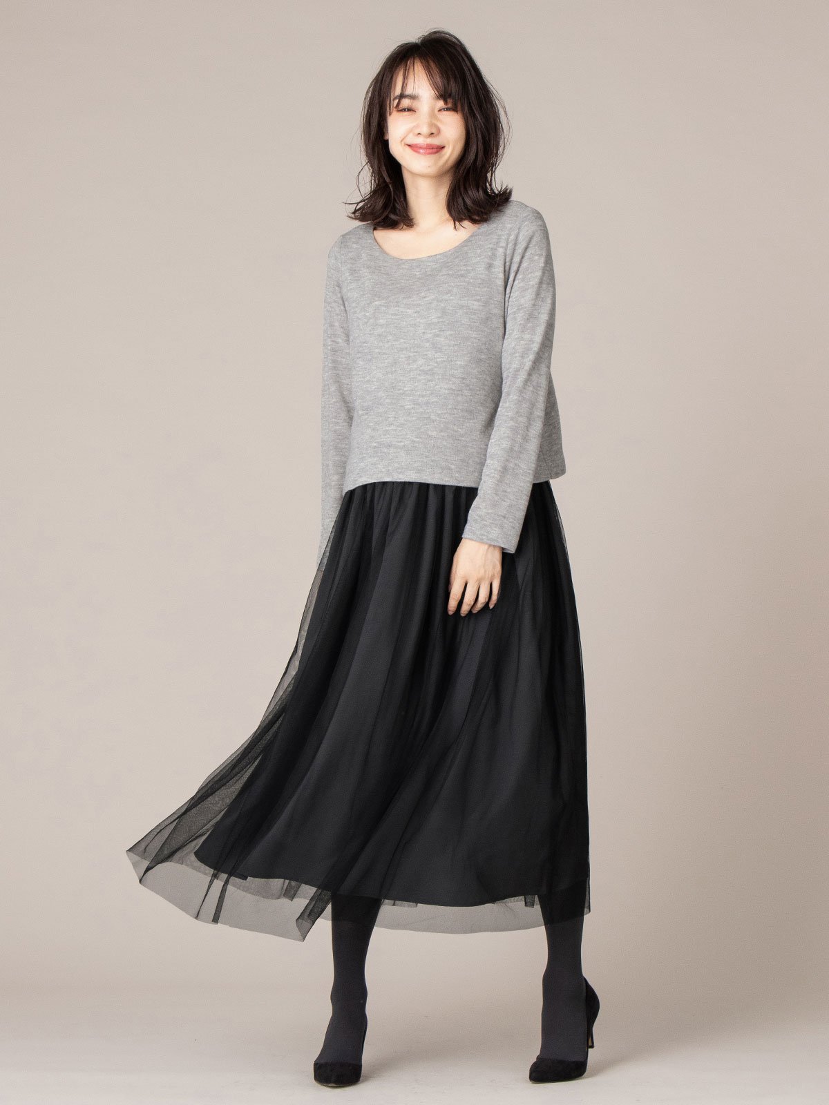 授乳口付 ニット チュール異素材ロングワンピース マタニティ 授乳服の専門通販 エンジェリーベ おしゃれで機能的なマタニティ 授乳服が揃うエンジェリーベ マタニティインナーも豊富に取り扱ってます エンジェリーベ 公式オンラインショップ