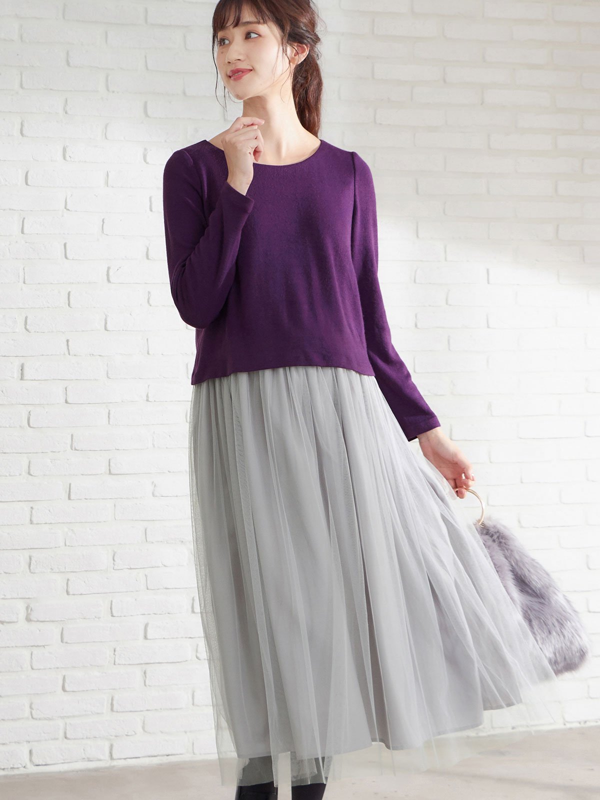 マタニティ ワンピース 授乳口付 ニット チュール異素材ロングワンピース マタニティウェア 授乳服通販 エンジェリーベ 公式