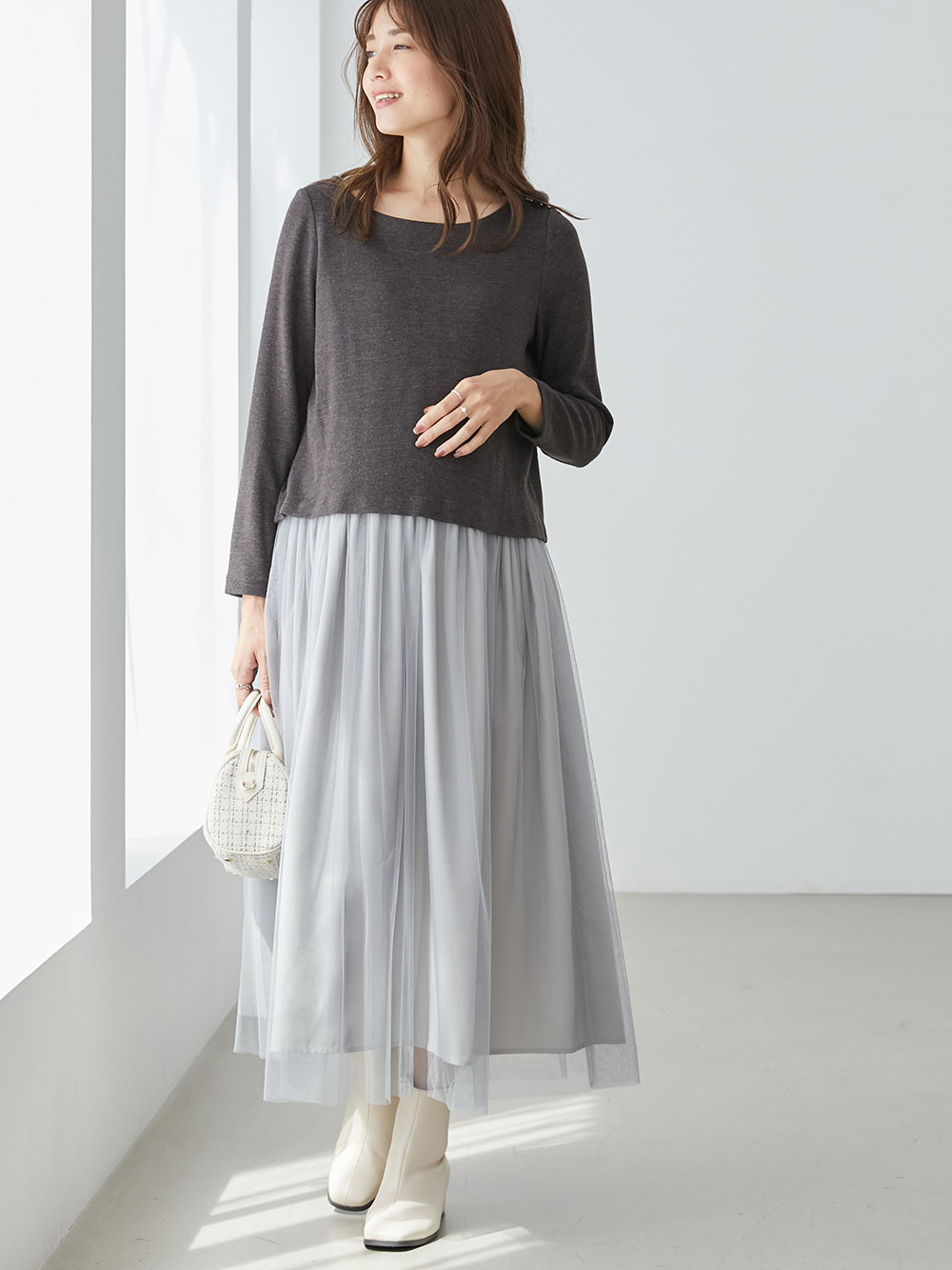 マタニティ ワンピース 授乳口付 ニット チュール異素材ロングワンピース マタニティウェア 授乳服通販 エンジェリーベ 公式
