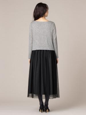 マタニティ ワンピース|ニット＆チュール異素材ロングワンピース　マタニティ・授乳服