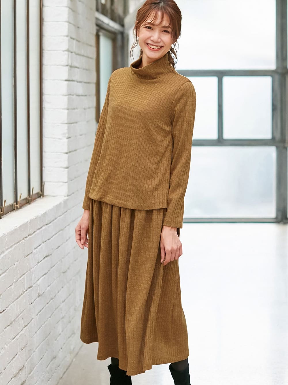 マタニティ ワンピース|ハイネックリブニットワンピース　マタニティ・授乳服|キャメル