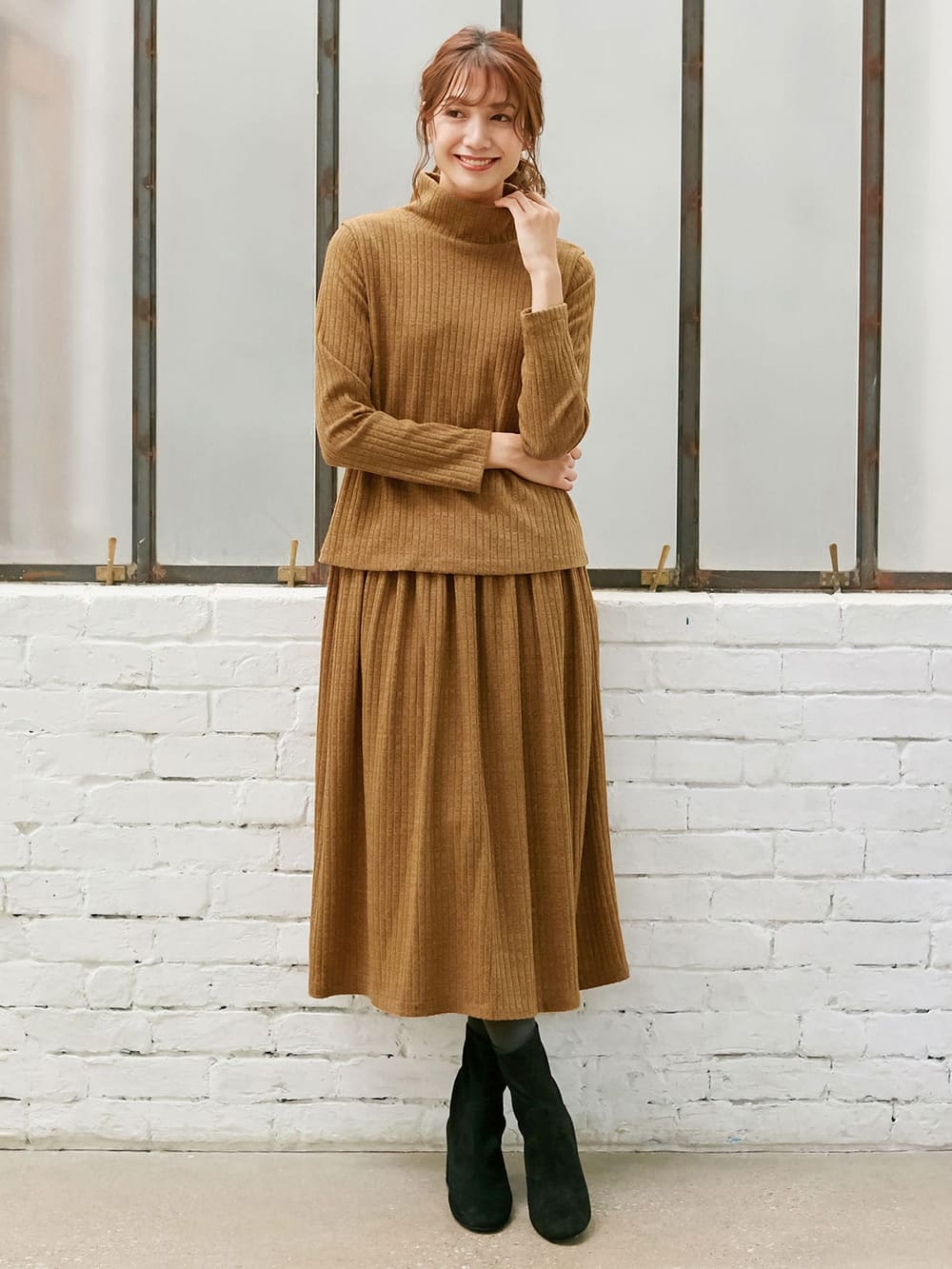 マタニティ ワンピース|ハイネックリブニットワンピース　マタニティ・授乳服|キャメル